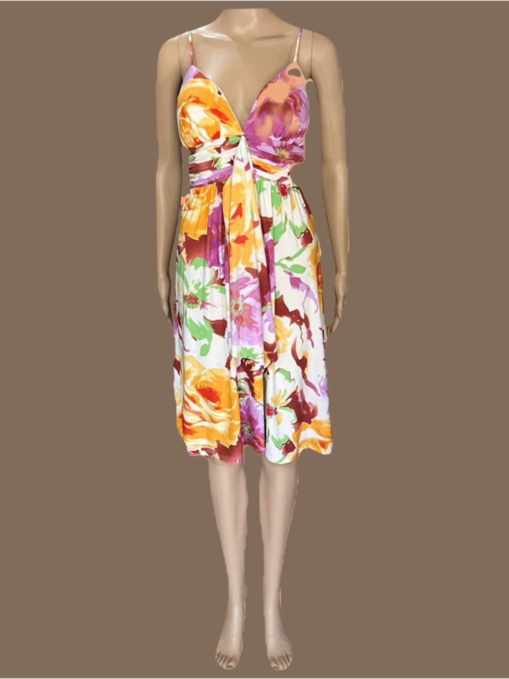 Alyn Paige Floral Midi Dress in Yellow, Pink, Orange, Green